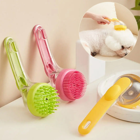 Three pet grooming brushes in green, pink, and yellow on a light background with an inset showing a dog being groomed.